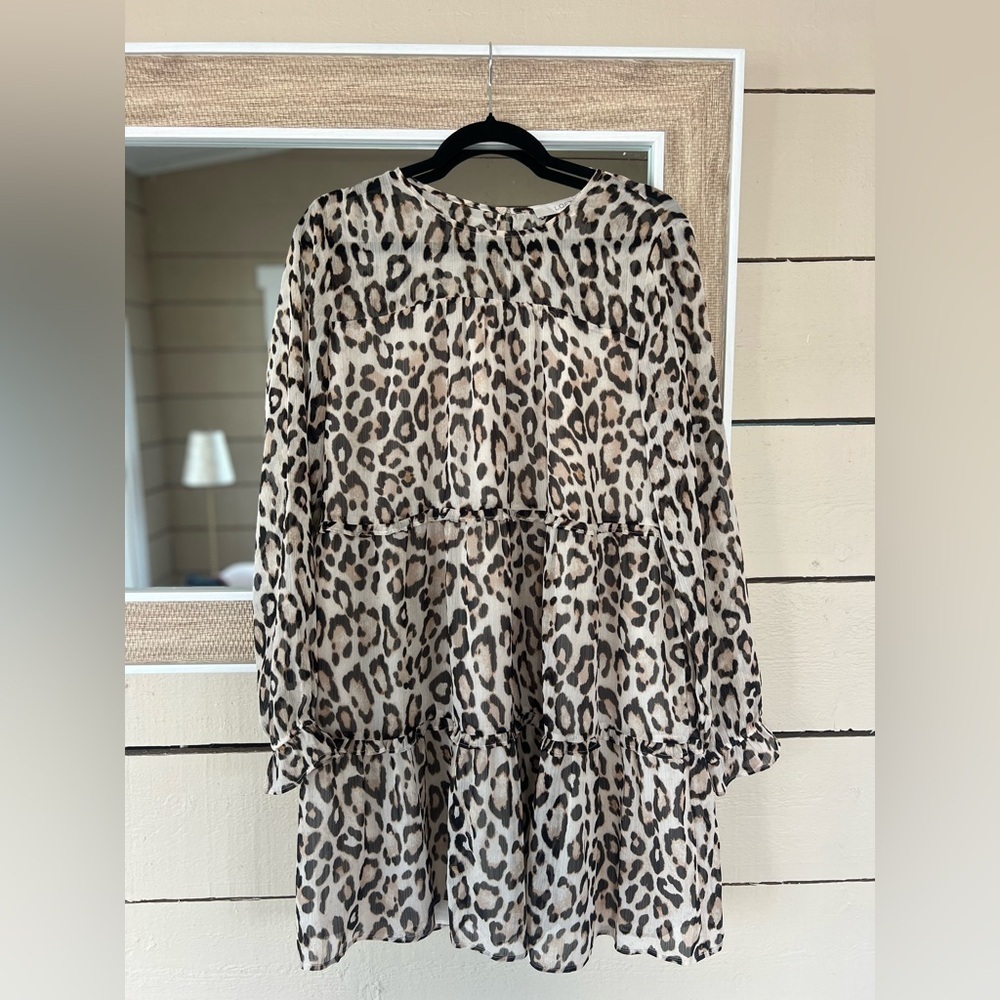 LOFT Leopard Print Long Sleeve Babydoll Dress- M